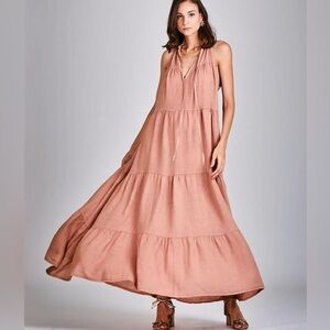 STITCHDROP Mauve Pink Tiered Halter Maxi Dress